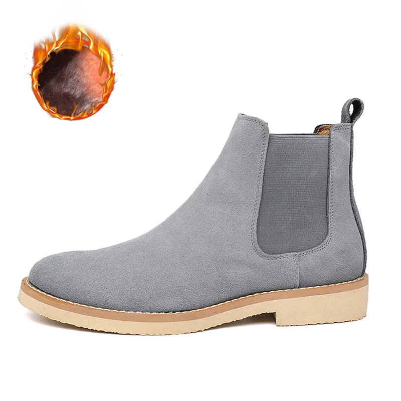 Gray with fur Мужские ботинки «Челси» качественные мужские ботинки из коровьей кожи Большие размеры 37-47 удобные плюшевые теплые уличные зимние ботинки, увеличивающие рост - Цвет: Gray with fur
