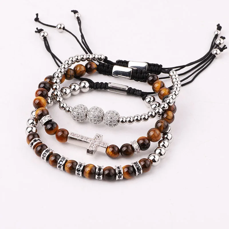 New Luxury CZ Pave Cross Charm Natural Stone Tiger Eye Beaded Macrame Friendship Adjustable Bracelet Set Men - Image 4