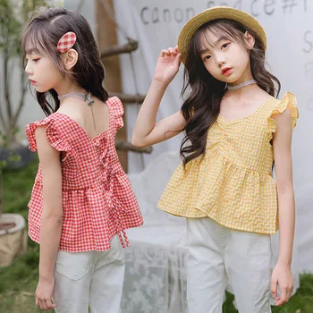 

2020 Summer Cotton Linen Girls Plaid Shirts Children Puff Sleeve Cute Blouses Teenage Girl Cross Belt Blouse 6 8 10 12 14 16 yrs