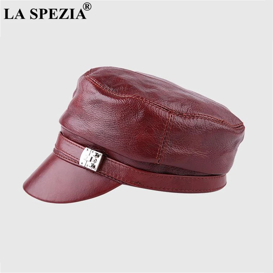  LA SPEZIA Burgundy Military Hats Women Genuine Cow Leather Cap Lady Elegant Autumn Winter Flat Top 