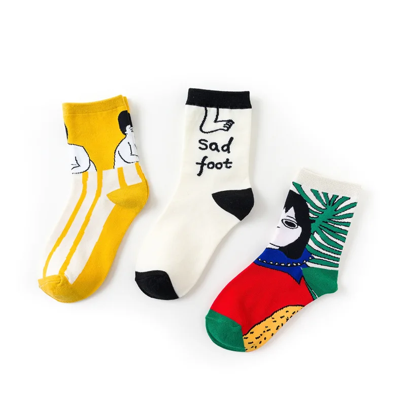 A Funny Cartoon Print Socks Woman Harajuku Socks Girl Literatuare and Art Socks Cotton White Yellow Soks Dropshipping 3 Pairs/set - Цвет: A