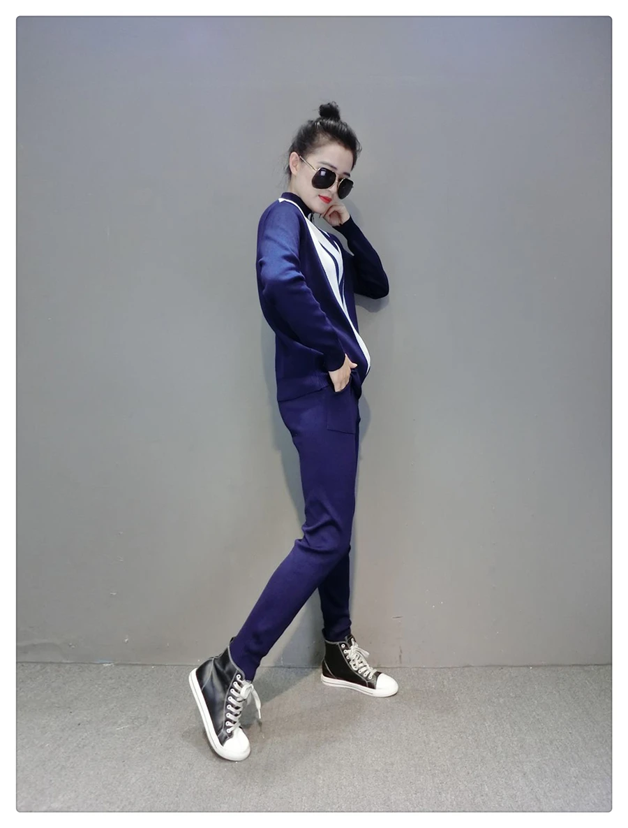 Amolapha Women Winter Hit Color Pachwork Knit Tops Sweater+ Pants 2PCS Sets Knit Tracksuits Outfits