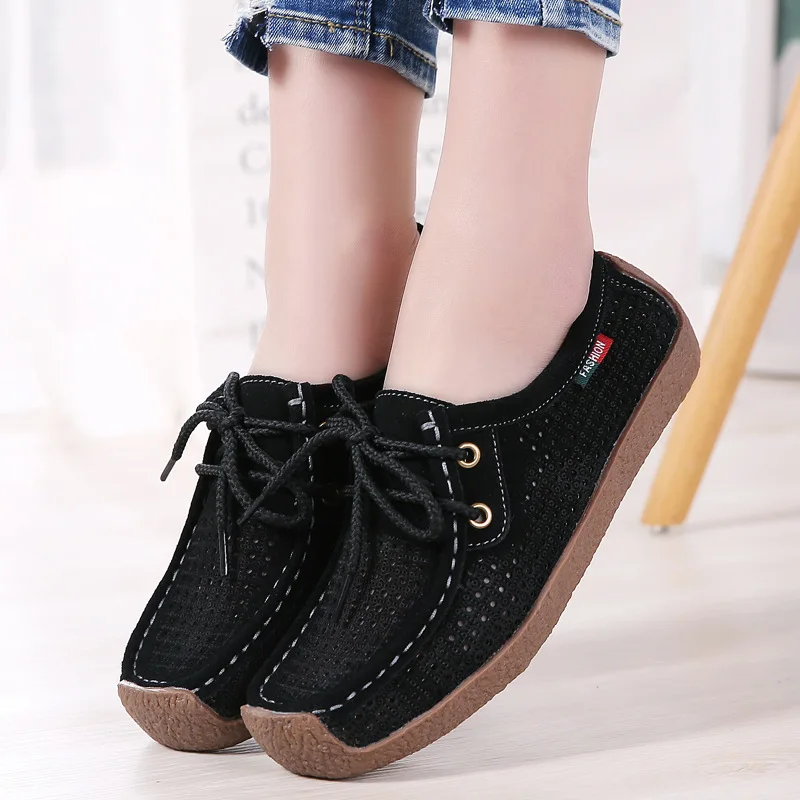

Genuine Leather Lace-up Snail Shoes Flat Lace-up WOMEN'S Shoes Hollow out Casual Breathable Flat Heel Mom Shoes Casual Single Sh