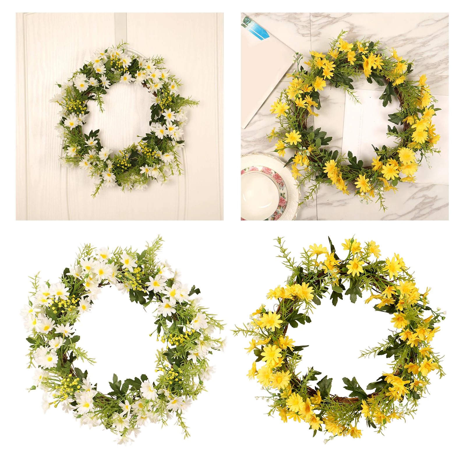 Artificial Floral Wreath, Silk Daisy Wreath Autumn Wildflowers Wreath for Front Door Wall Window Decor and Festival Celebration