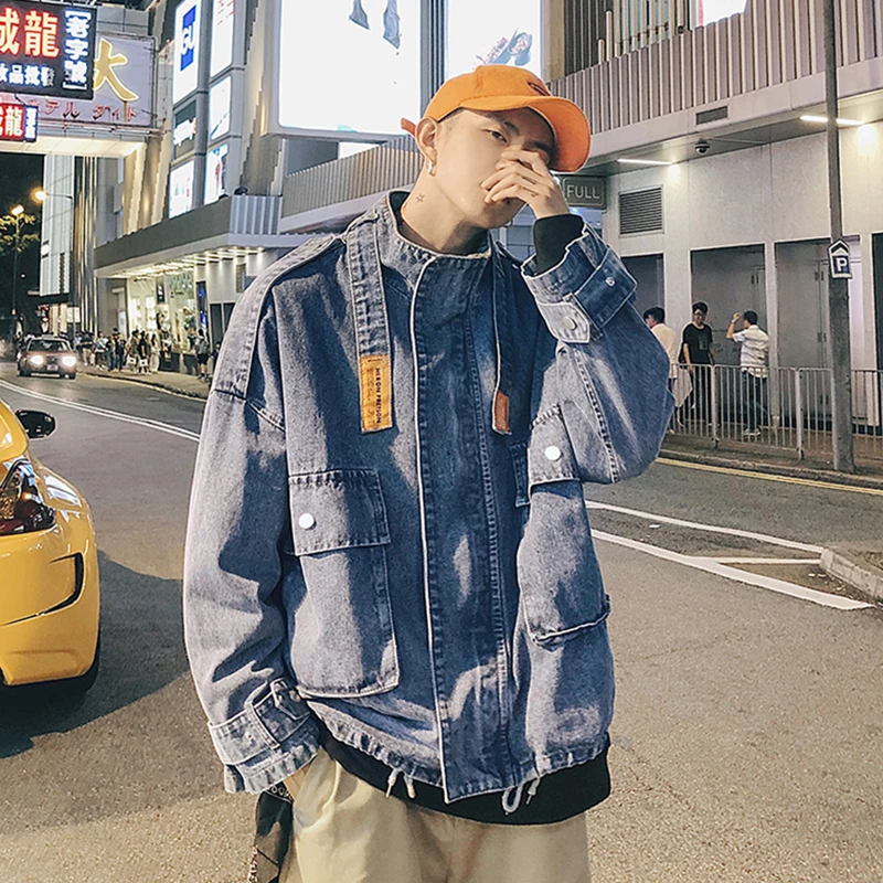 New Autumn Mens Denim Jacket Hip Hop Fashion Loose Denim Jacket Mens Jeans Jacket Outwear Male Cowboy Coats