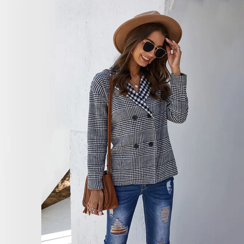 Hot sale 2019 Autumn Winter new wool coat women plaid double-row button Full sleeve lapel fashion Loose woolen small suit coats