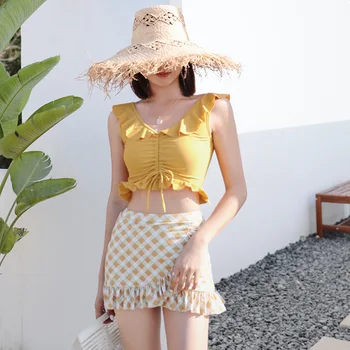 

Ins Fresh Women V-neck High Waist Elegant Swimsuit Female Sleeveless Tops and Rhombic Lattice Skirt Set Fashion Split Swimwear