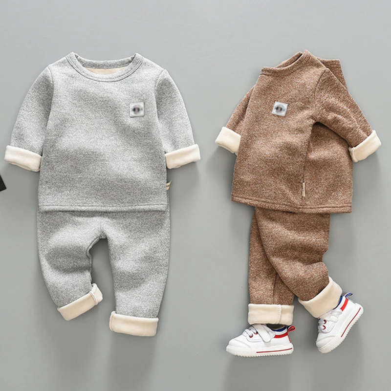 

2019 Autumn And Winter Plus Velvet Long Sleeve Boy Legume Clothes Solid Color Warm Underwear Set Toddler Boys Winter Clothes