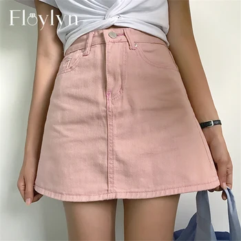 

Floylyn Summer Vintage Women A-line Jeans Skirt Basic High Waist Hip Package Denim Skirt Female Zipper Up Solid Mini Skirts