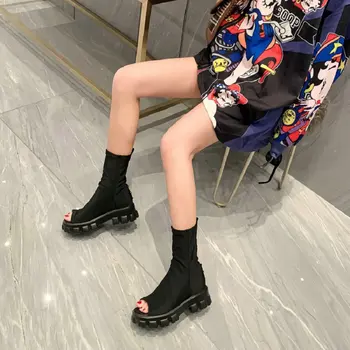 

ZawsThia 2020 summer stretch elastic lycra punk sandals boots peep toe platform flats sandals rivet womens shoes plus size 33-46
