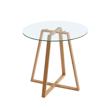 

EGGREE Round Dining Table Glass Transparent Kitchen Table Coffee Table with Cross Wooden Legs - 80 x 80 x 75cm