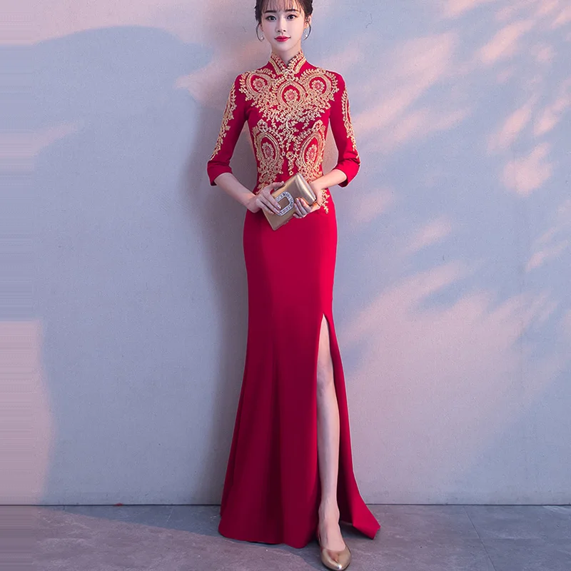 

Evening Dress Sexy Split Women Party Dresses 2019 High Collar Sequin Robe De Soiree Three Quarter Sleeve Evening Gowns F232