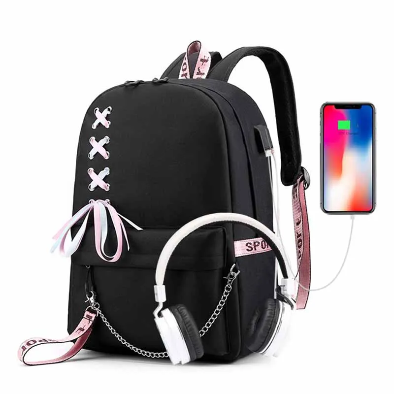 Backpack Fashion Schoolbags Laptop Women Teenage Black Girls Children for Kids Ribbon