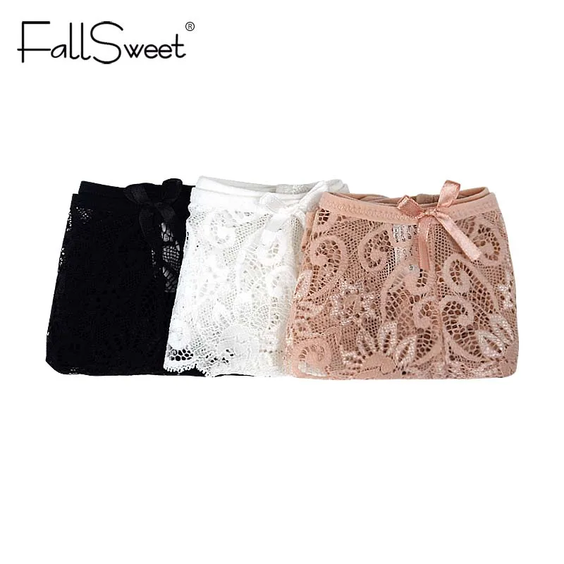 Женские ультратонкие ажурные трусики FallSweet, белье для женщин, стринги, шортики с заниженной талией размеров S, M, L, XL, 3 шт./упаковка - Цвет: Black White Beige