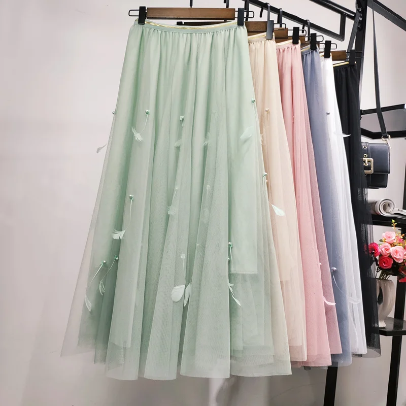 Женская летняя юбка с перьями и бисером, высокая талия, сетчатая элегантная длинная юбка, Корейская шифоновая плиссированная Тюлевая макси юбка-пачка, ретро юбка миди