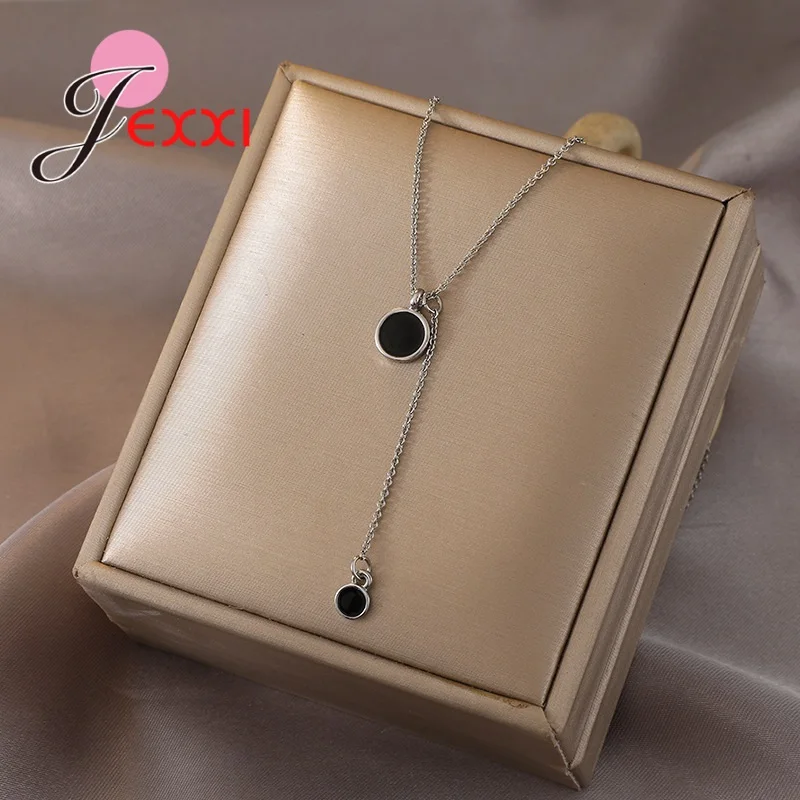 

Simple Circle Black Round Enamel Pendant Necklace for Women Girl Link Chain Sliver Color Jewelry Fashion