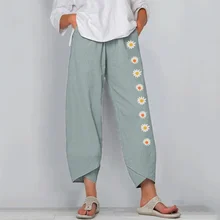 

Casual Summer Women Embroidery Cotton Linen Loose Daisy Print Pants Fashion Trouser Elastic Waist Wide Leg Pants Female Vacation