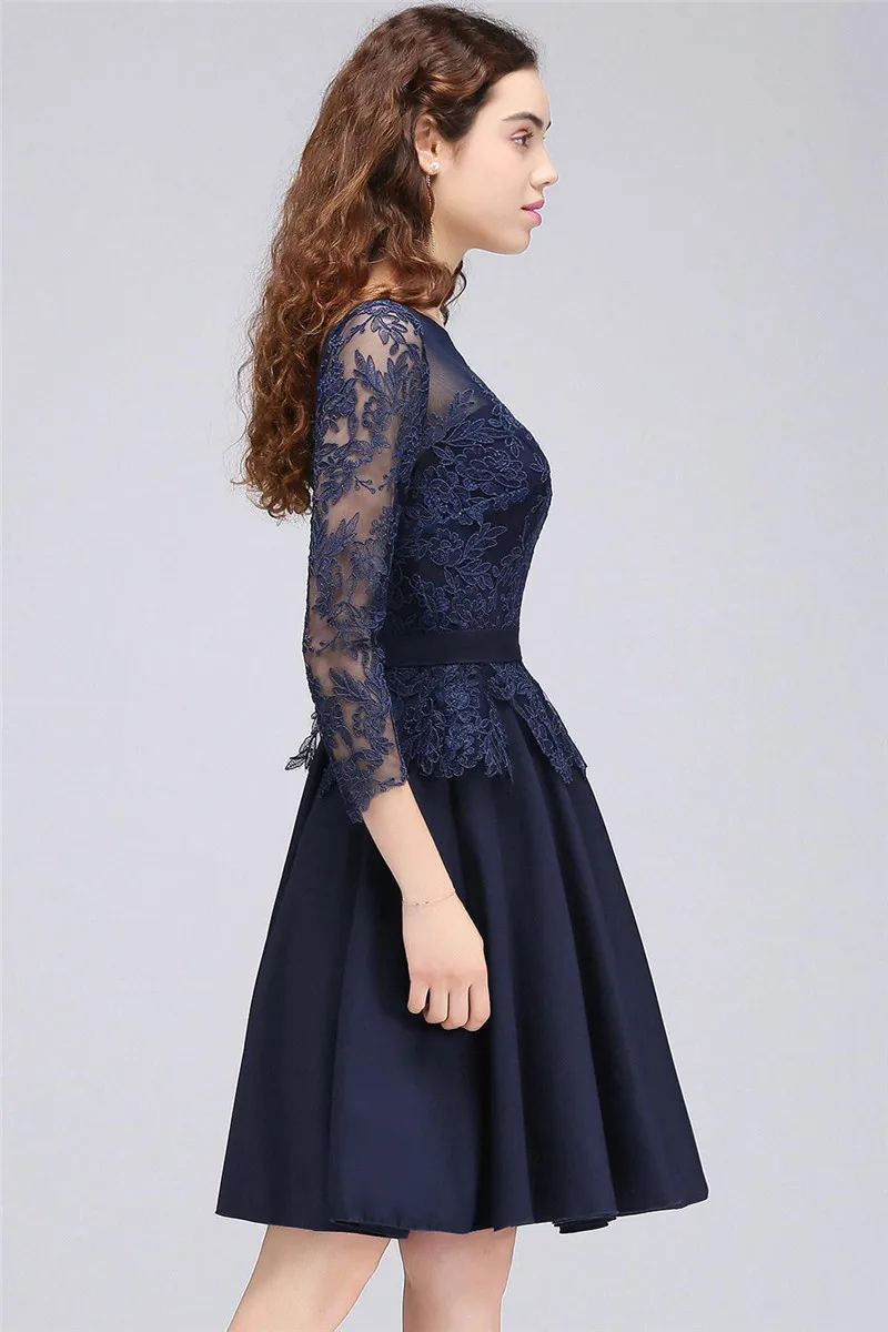 Vestido de Formatura кружевные темно-синие Бальные платья трапециевидные драпированные Короткие вечерние платья 3/4 рукава vestido de festa Curto