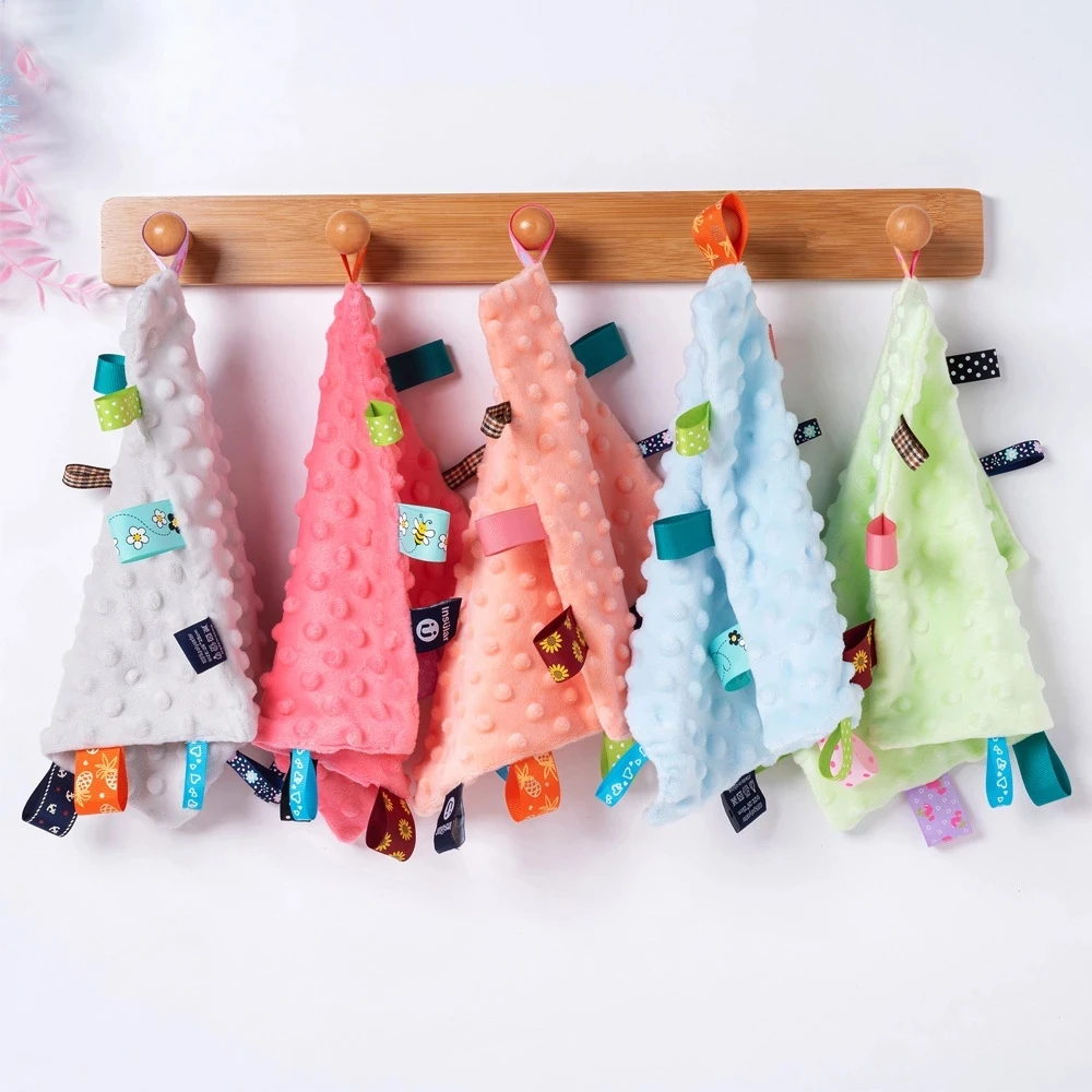 Toalla de algodón suave para bebé, mordedor de tacto suave para bebés, manta cómoda para dormir, juguetes con etiquetas de colores para ducha