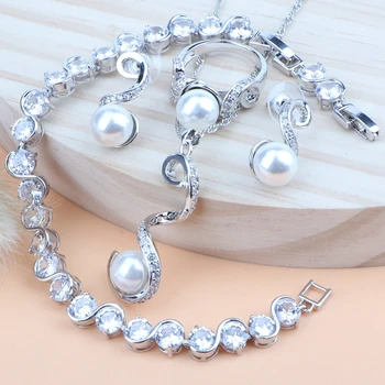

Silver 925 Bridal Pearl Jewelry Sets Wedding Costume Jewelry For Women Luxury Bracelets/Rings/Earrings/Pendants/Necklace Set