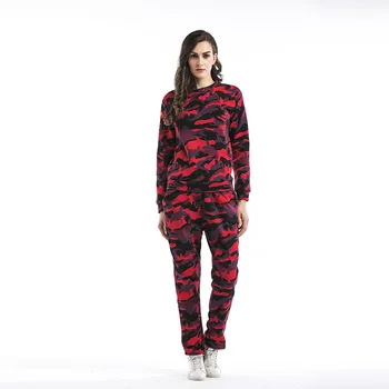 

Women's 2-piece Pants Set sports fitness cyclist 2-piece camouflage sportswear set Plush crew neck sweatshirt with pocket
