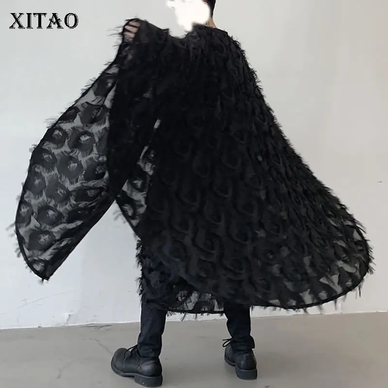 

XITAO Plus Size Tassel Trench Women Black White Irregular Pleated Patchwork Bat Sleeved Full Sleeve Elegant Small Fresh XJ2634