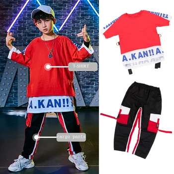 

pally elves Summer 2020 Child Set Boy Girl 2in1 Loose T-shirt Cargo Pants Fashion Dancewear