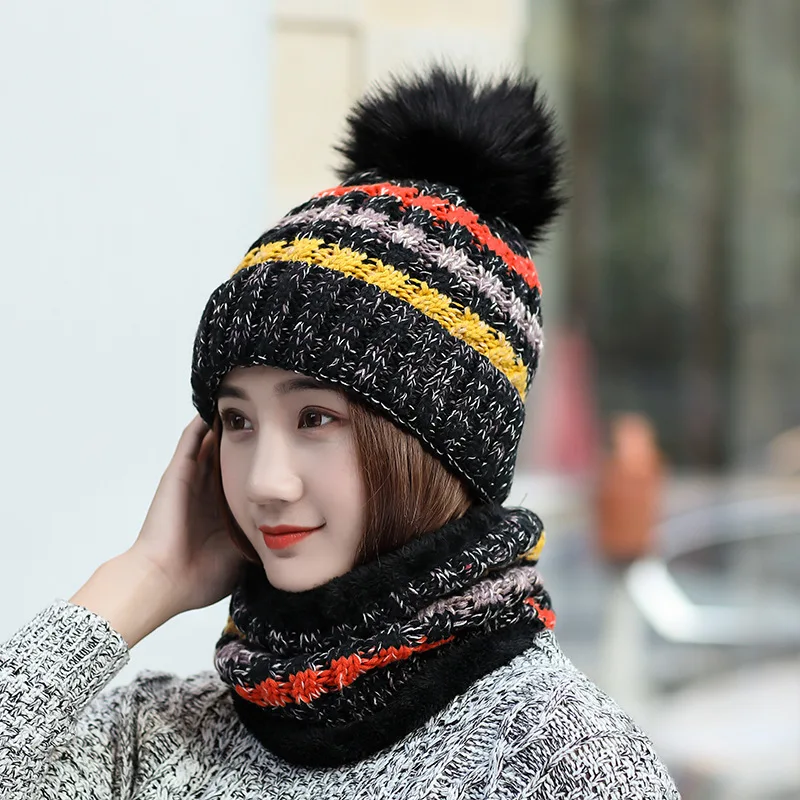 Модная зимняя женская шапка, шарф, набор из шапки и шарфа для женщин и девушек, теплая шапка бини для девочек, кольцо, шарф, помпоны - Цвет: Black