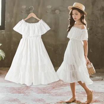 

kid girl strapless off shoulder white mesh party dress teen girl long princess dress vestidos crochet lace tulle dress Korean