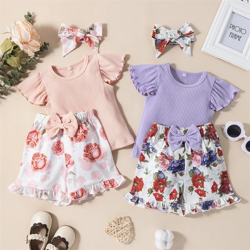 Baby Girl Summer Set Solid Color Round Neck Shortsleeved Rib Tops + Floral Print Elasticated
