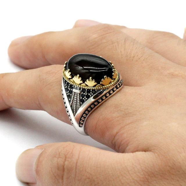 Anillos de plata S925 para hombre, anillo turco de diseño Simple para hombre con piedras de ágata marina, ónix forma ovalada, joyería de Turquía _ - AliExpress Mobile