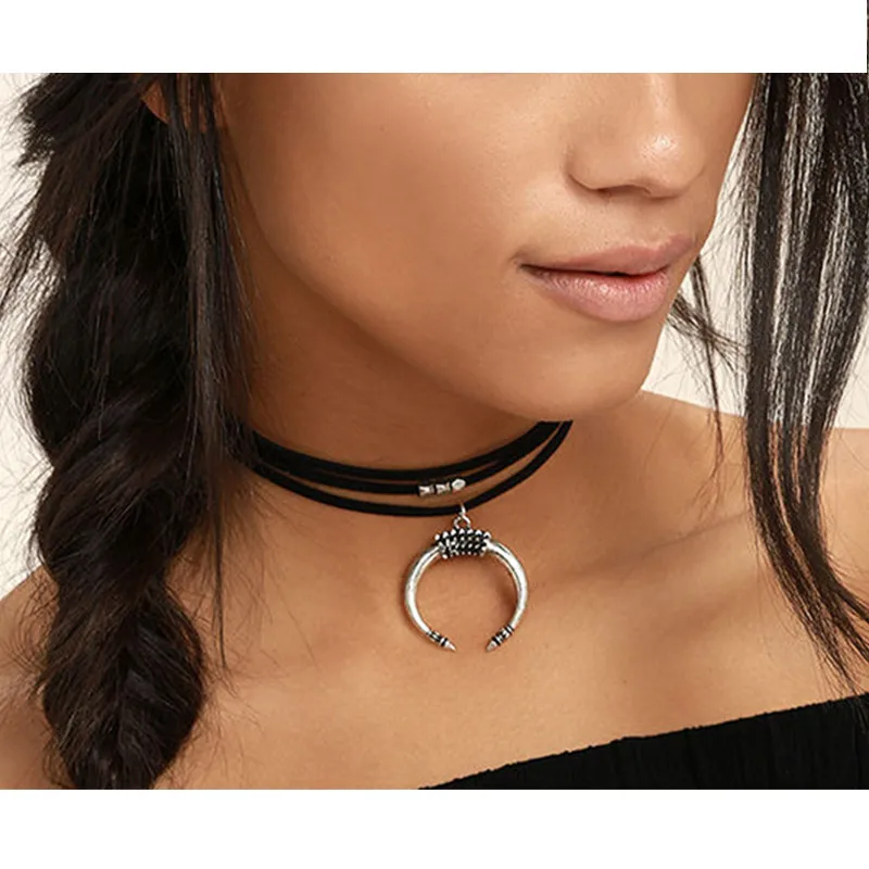 Многослойное бархатное ожерелье-чокер для женщин, очаровательные богемные винтажные роговые ожерелья с кулонами в виде Луны, ювелирные изделия, колье, аксессуары для шеи