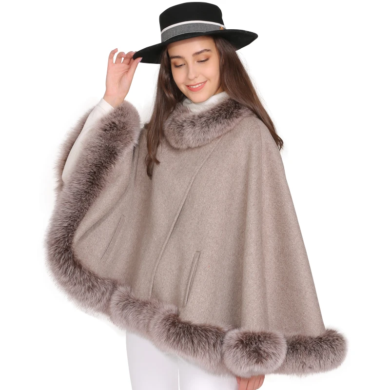 

MAOMAOFUR Cashmere Coat Real Fox Fur Collar Cloak Women Autumn Fashion Oversize Khaki Clothing Ladies Wool Cloak