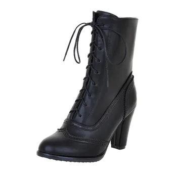 

New Women Boots Sexy Lace-up Boots Ladies Classic Pointed Leather Lace-Up High-Heeled Boots Middle Tube Boots Square Heel Shoes