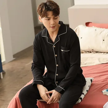 

Spring and Autumn Long-sleeved Pajamas Men's Cotton Pajamas Set Cardigan Simple and Loose Plus Two-piece Home Service