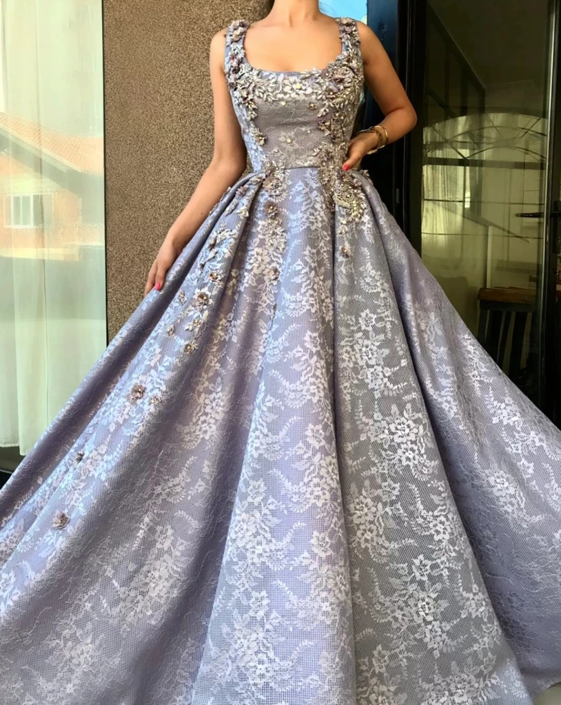 

Gray Muslim Evening Dresses 2019 Ball Gown Tulle Appliques Lace Beaded Islamic Dubai Saudi Arabia Long Evening Gown Prom