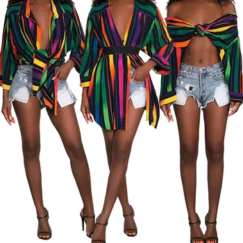 

Womens Button Down Shirt Dress Lapel Neck Long Sleeve Stripe Button Up Maxi Dress Long Top Colorful Striped Fashion V-neck Top