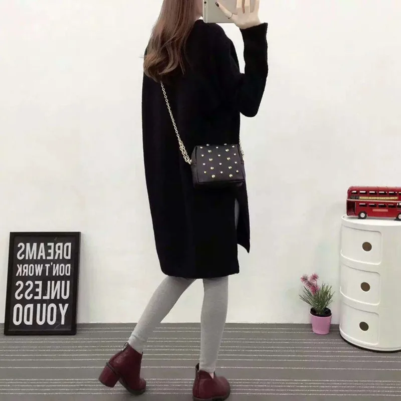 

Oversize Women Dress Side Slit Knitted Autumn Loose Solid Color Long Skeeve V-neck Mini Dress Knitwear Warm Vestidos