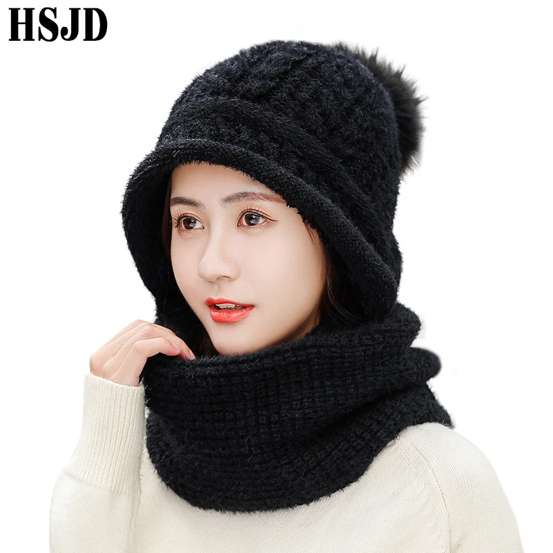 Утолщенные теплые вязанные шарф и шапка из кроличьей шерсти, набор, новые зимние шапки для женщин, подарок, женские мягкие шапочки