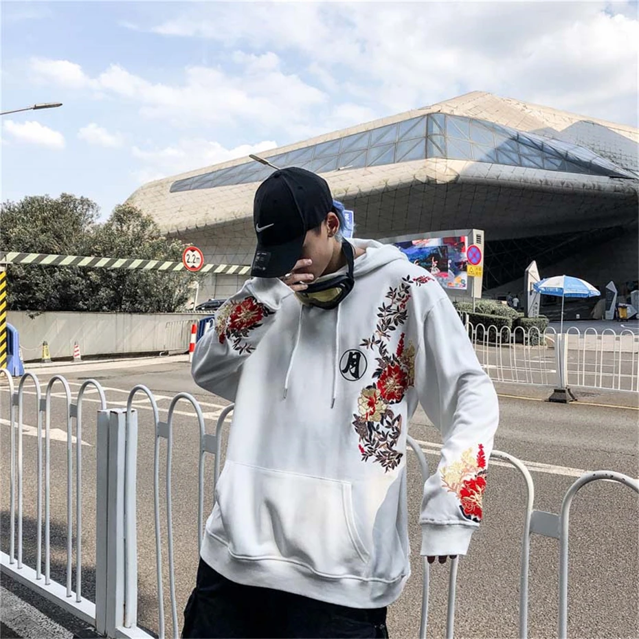Harajuku Толстовка для мужчин и женщин Вышивка Цветы кролики толстовки и свитшоты для мужчин Хип Хоп пуловер с капюшоном уличная WG527