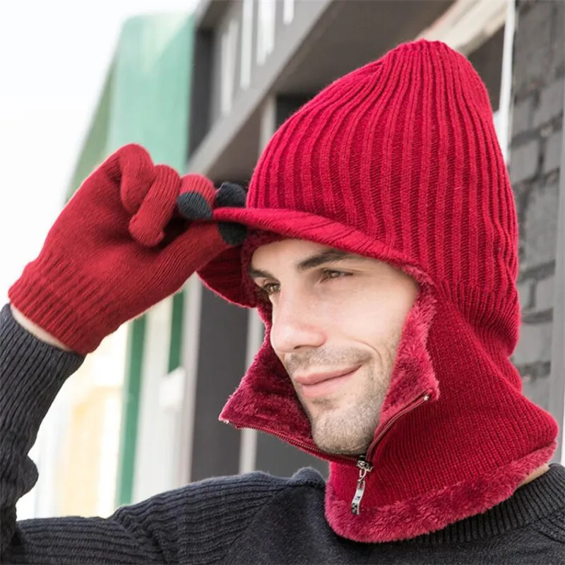 Winter Men Zip Hooded Scarf With Golves Women Plush Knitted Hat Scarves Male Woman Warm Protection Ear Brim Cap Adult