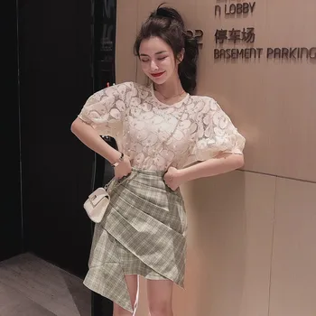 

Women Two Pieces Set Lace Embroidery Lantern sleeve Shirts Top + Plaid Irregular Draped Skirt Female Office Ladies Skirt Suit