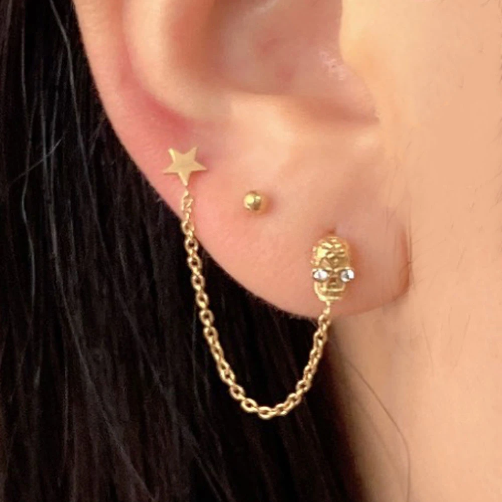 1 Uds de oro de moda Color de de hélice pendiente personalidad cadena estrella pendientes 2 orificio de oreja joyería|Aretes| - AliExpress