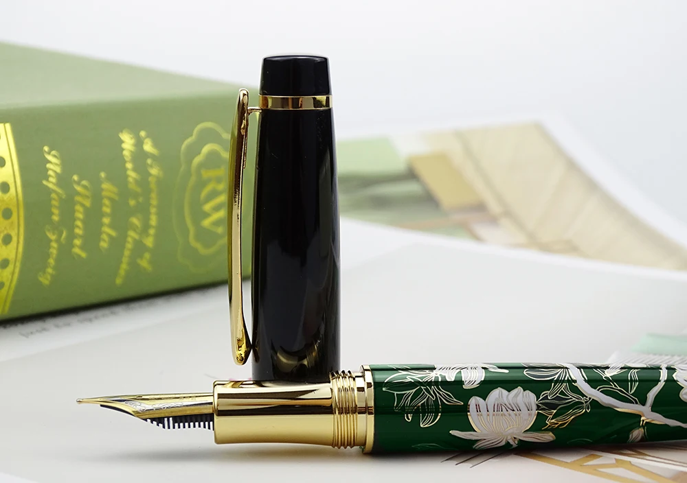 HonDian 金属万年筆手描き緑の花イリジウム EF/F/曲がったペン先