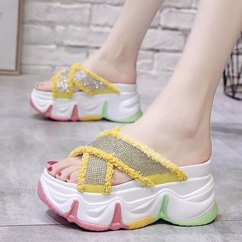 

Woman Platform Slippers Ladies Chunky Casual Slides Luxury Rhinestone Designers 8cm High Wedge Shoes For Women Outside Beach