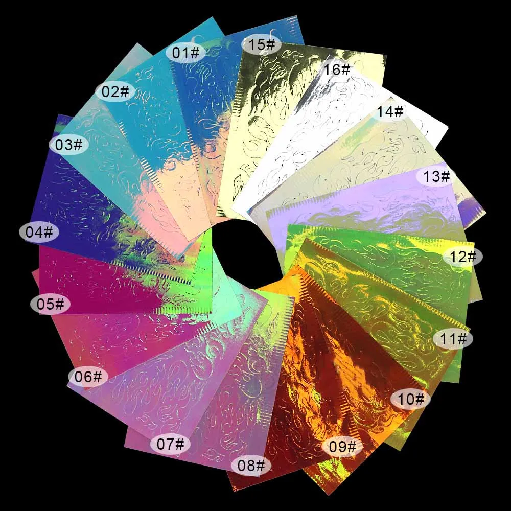 16 видов стилей, 6*8 см, голографические наклейки с огненным пламенем, тонкие лазерные наклейки с серебряной полосой для дизайна ногтей, инструменты для маникюра