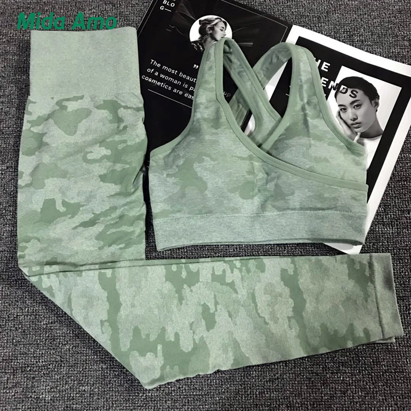 

KFDD Women Seamless Camo Legging Set Fitness Workout Sport Bra With High Waist Gym Leggings Women Gym Suit Compression Yoga Wear