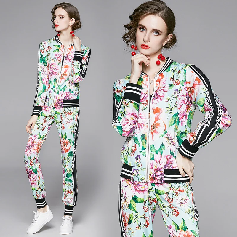 

New Spring Fall Runway 2 Piece Womens Sets Vintage Letters Print Collar Long Sleeve Zippered Top Jacket Coat Pant Suits Outfits