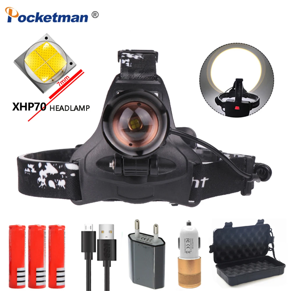 

Powerful LED Headlight XHP70 Headlamp Zoomable Head Lamp Waterproof Flashlight torch Head Light for Camping with 18650