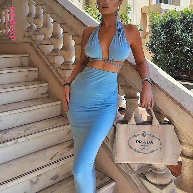 

Romexp Autumn New Ladies 2-Piece Long Skirt Sexy Open Back Fashion Three Ways To Wear Hanging Neck Tube Top Tight Skirt Suit